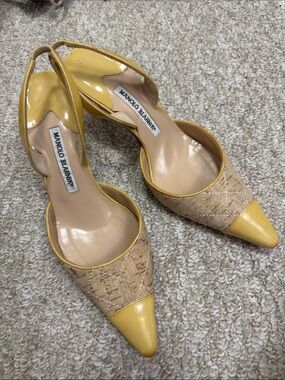 Manolo Blahnik Yellow and Beige Pointed Toe Slingback Heels